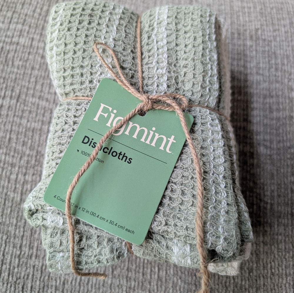 Figment Set Of 4 Dishcloths 100% Cotton Sage Green Cream 12x12" NWT